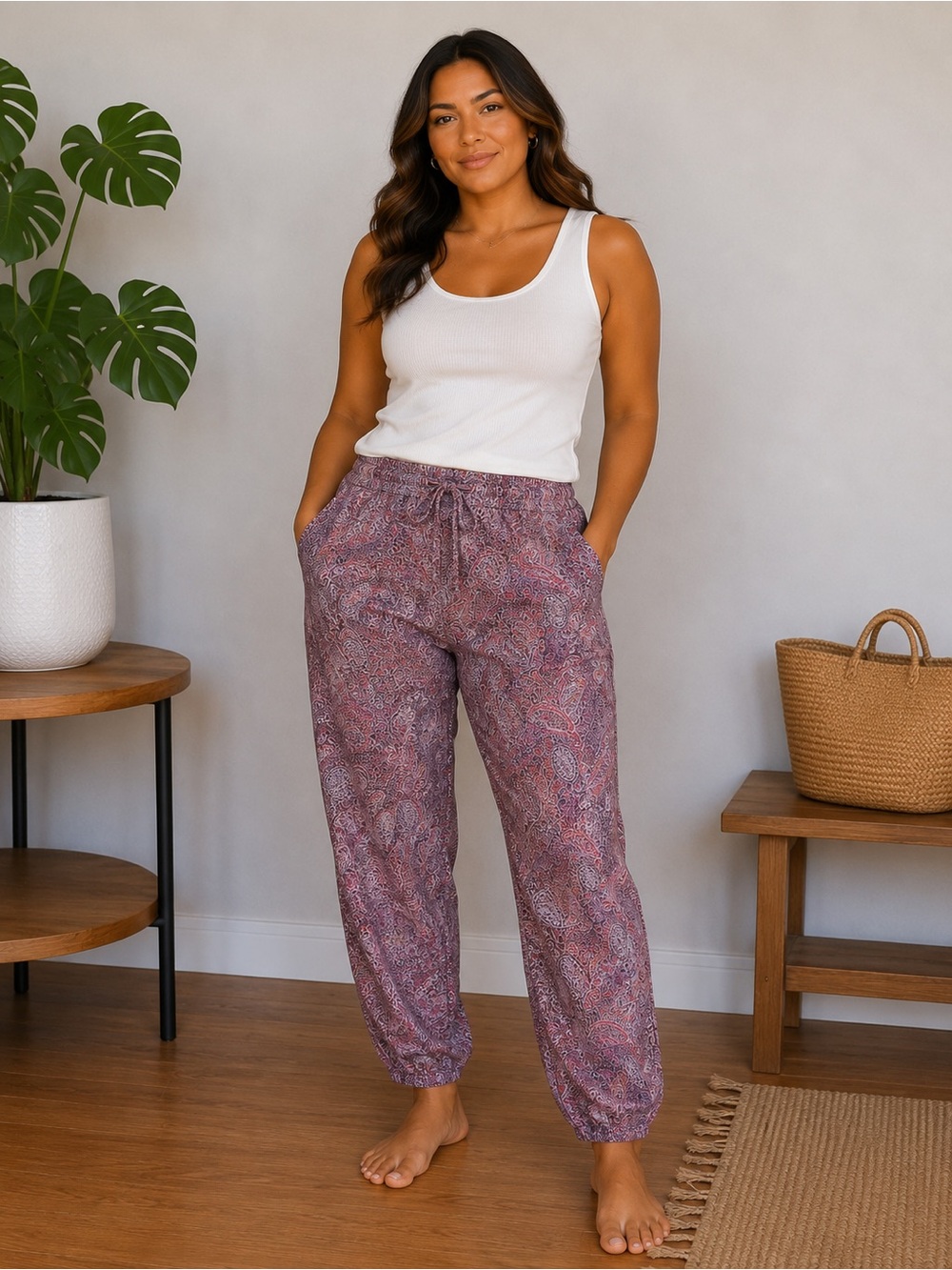 Brandy Melville Mauve Paisley Boho Relaxed Drawstring Culottes Joggers